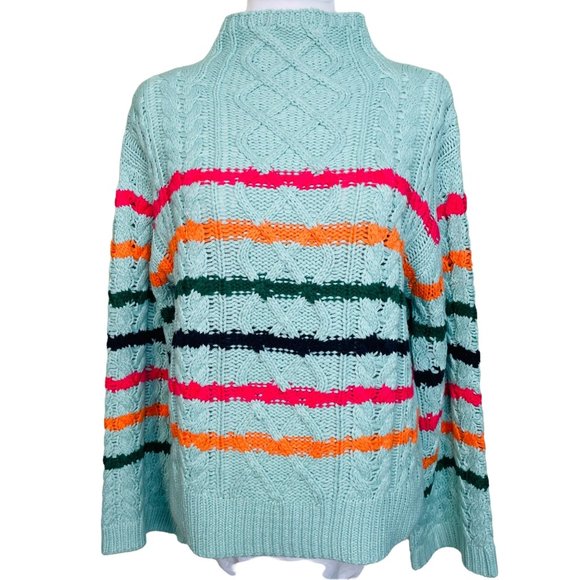 John + Jenn Blue/Green Cable-Knit Striped Turtleneck Sweater Size Small - Picture 2 of 9